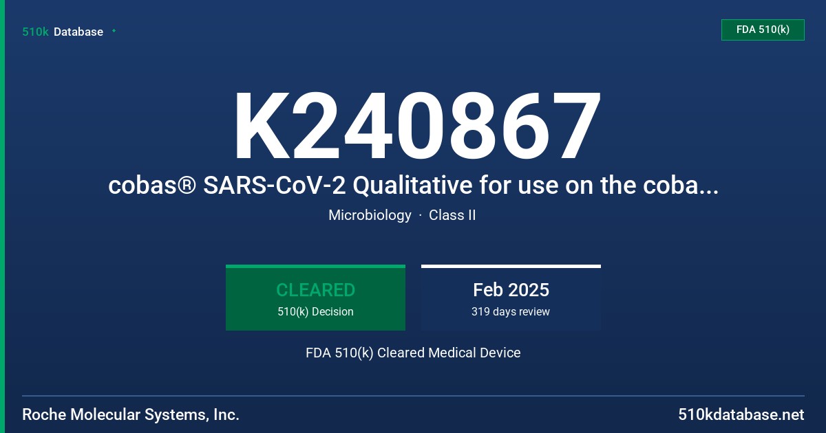 K240867 cobas® SARS-CoV-2 Qualitative for use on the cobas® 5800/6800/8800 Systems FDA 510(k) Cleared Medical Device