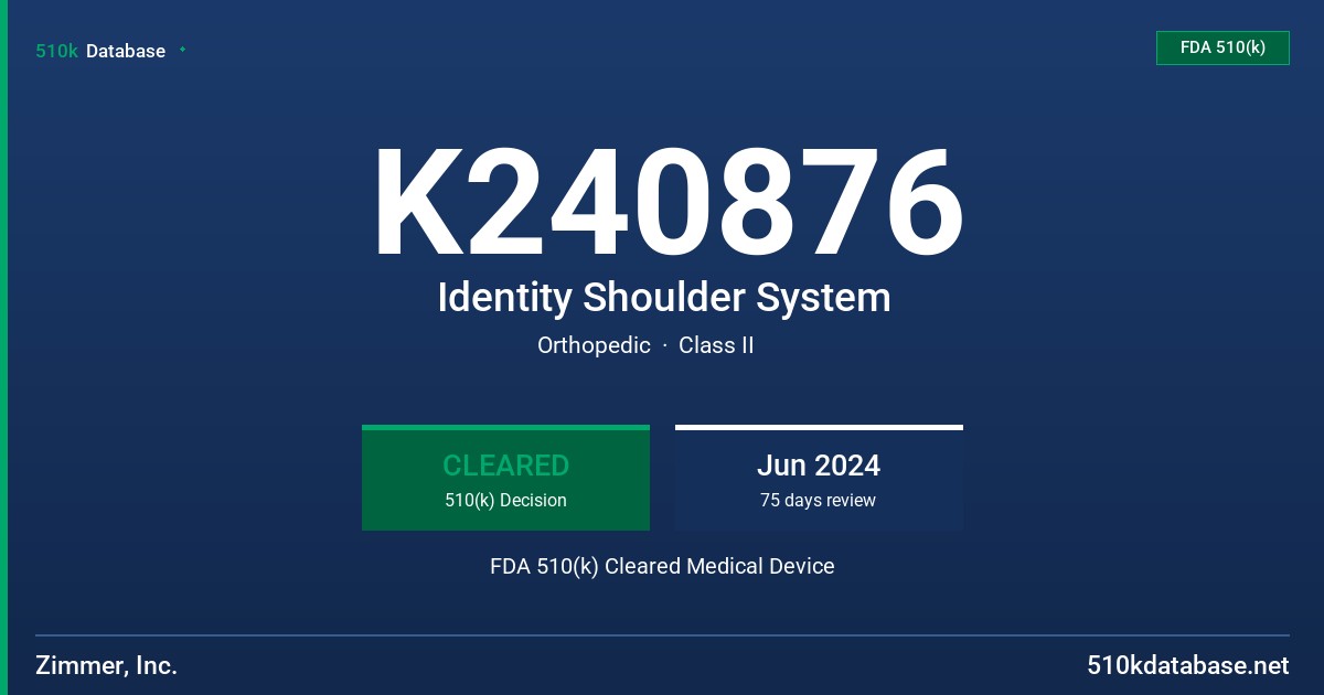 K240876 Identity Shoulder System FDA 510(k) Cleared Medical Device