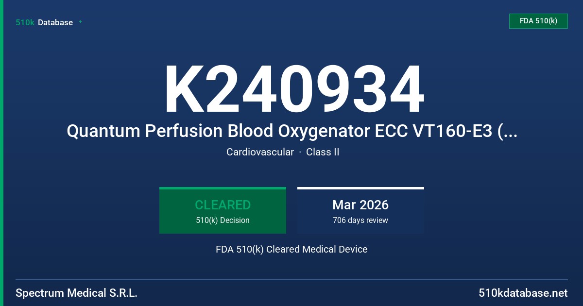 K240934 Quantum Perfusion Blood Oxygenator ECC VT160-E3 (VT160-E3) FDA 510(k) Cleared Medical Device