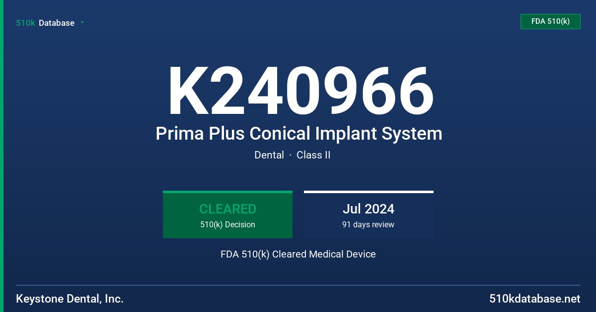 K240966 Prima Plus Conical Implant System FDA 510(k) Cleared Medical Device