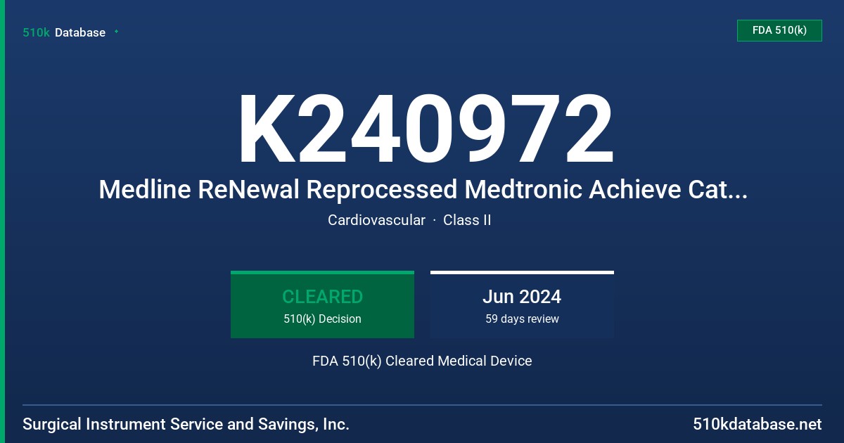 K240972 Medline ReNewal Reprocessed Medtronic Achieve Catheter Connecting Cable (2ACHC) FDA 510(k) Cleared Medical Device