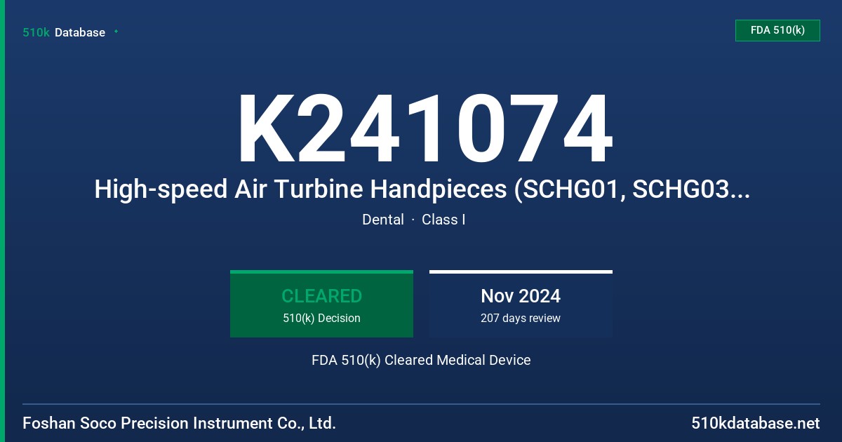K241074 High-speed Air Turbine Handpieces (SCHG01, SCHG03, SCHG18, SCHF19, SCHF22), Dental Low Speed Handpieces including Straight and Geared Angle Handpieces and Air Motors (Straight Handpieces:  SCHD05-S, SCHD16-S, SCHD17-S, SCHD24-S, SCHD27-S Geared Angle Handpieces:  SCHD05-C, SCHD06-C, SCHD16-C, SCHD17-C, SCHD24-C, SCHD27-C, SCHD29-S, SCHB4, SCHB5, SCHB20, SCHB64 Air Motors: SCHD16-M, SCHD17-M, SCHD24-M, SCHD27-M) FDA 510(k) Cleared Medical Device