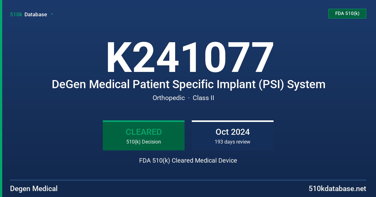 K241077 DeGen Medical Patient Specific Implant (PSI) System FDA 510(k) Cleared Medical Device