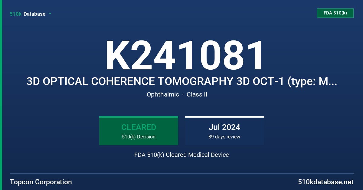 K241081 3D OPTICAL COHERENCE TOMOGRAPHY 3D OCT-1 (type: Maestro2) FDA 510(k) Cleared Medical Device