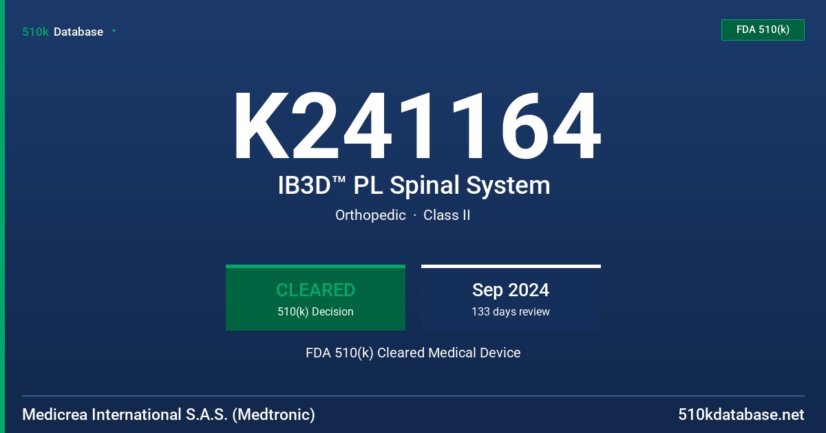 K241164 IB3D™ PL Spinal System FDA 510(k) Cleared Medical Device