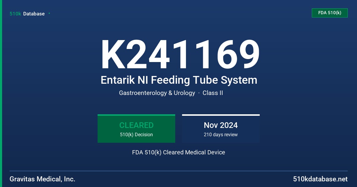 K241169 Entarik NI Feeding Tube System FDA 510(k) Cleared Medical Device