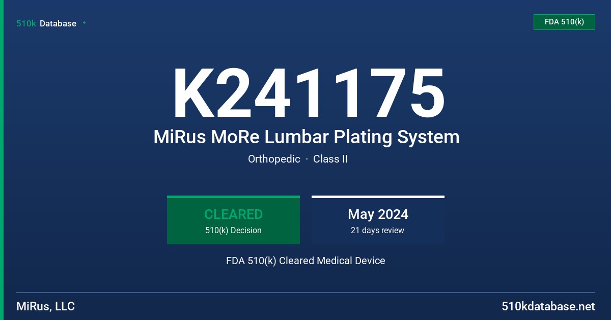K241175 MiRus MoRe Lumbar Plating System FDA 510(k) Cleared Medical Device