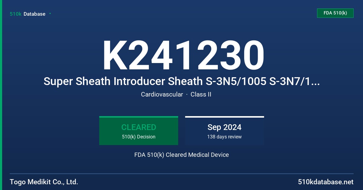 K241230 Super Sheath Introducer Sheath S-3N5/1005 S-3N7/1006 S-3W5/1007 S-3W7/1008 FDA 510(k) Cleared Medical Device