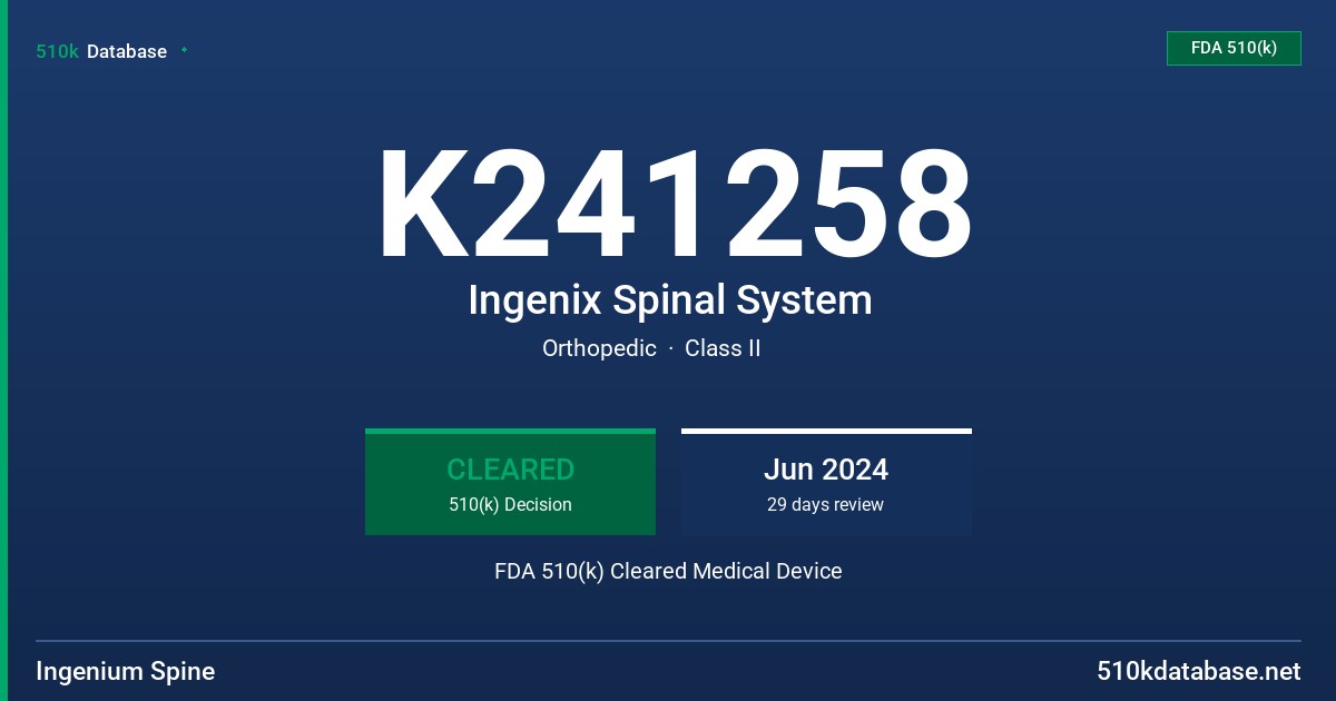 K241258 Ingenix Spinal System FDA 510(k) Cleared Medical Device