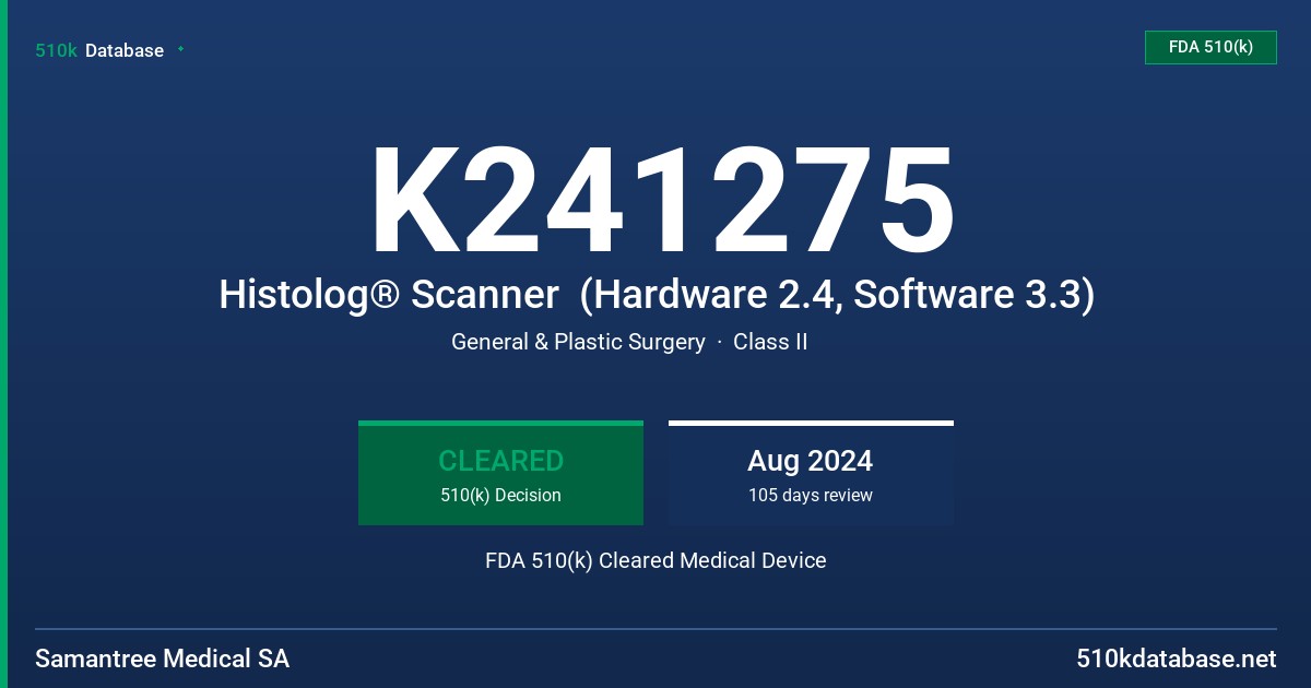 K241275 Histolog® Scanner  (Hardware 2.4, Software 3.3) FDA 510(k) Cleared Medical Device