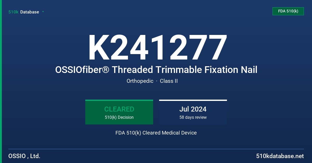 K241277 OSSIOfiber® Threaded Trimmable Fixation Nail FDA 510(k) Cleared Medical Device