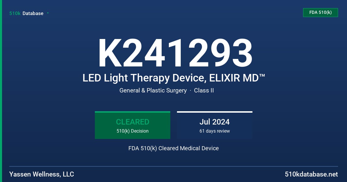 K241293 LED Light Therapy Device, ELIXIR MD™ FDA 510(k) Cleared Medical Device