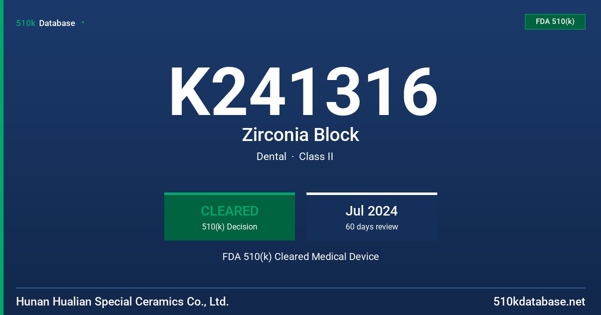 K241316 Zirconia Block FDA 510(k) Cleared Medical Device