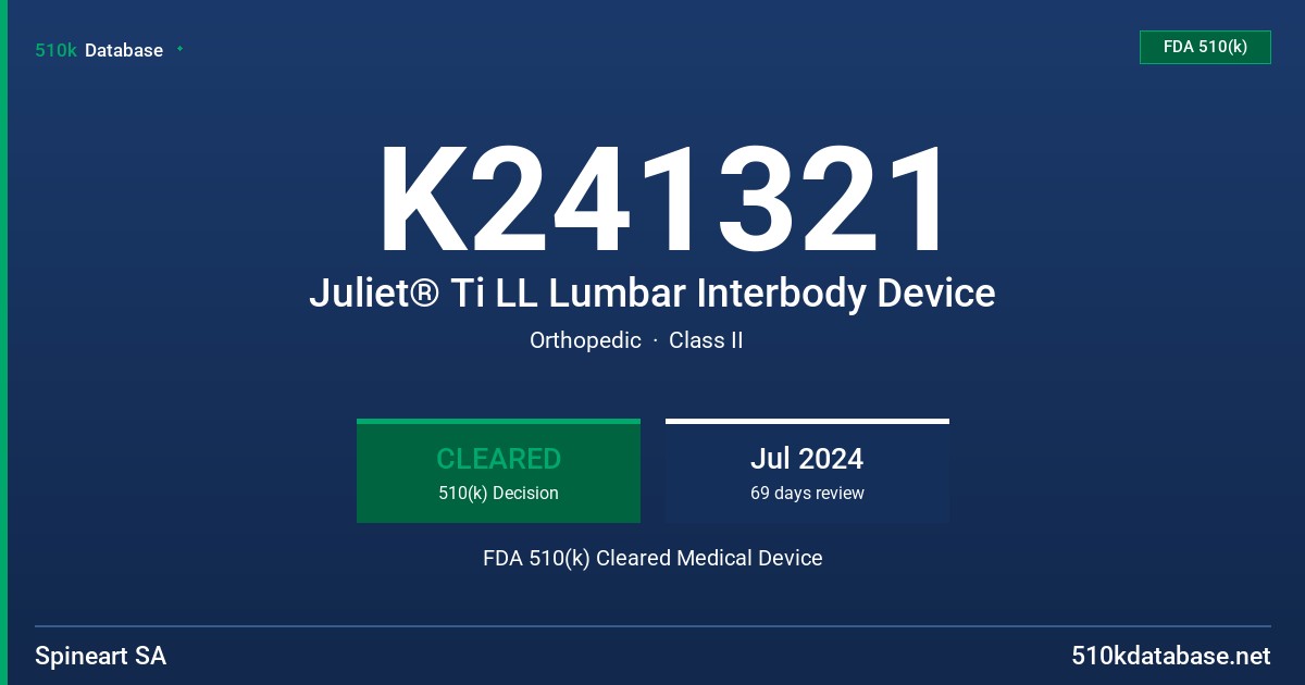 K241321 Juliet® Ti LL Lumbar Interbody Device FDA 510(k) Cleared Medical Device