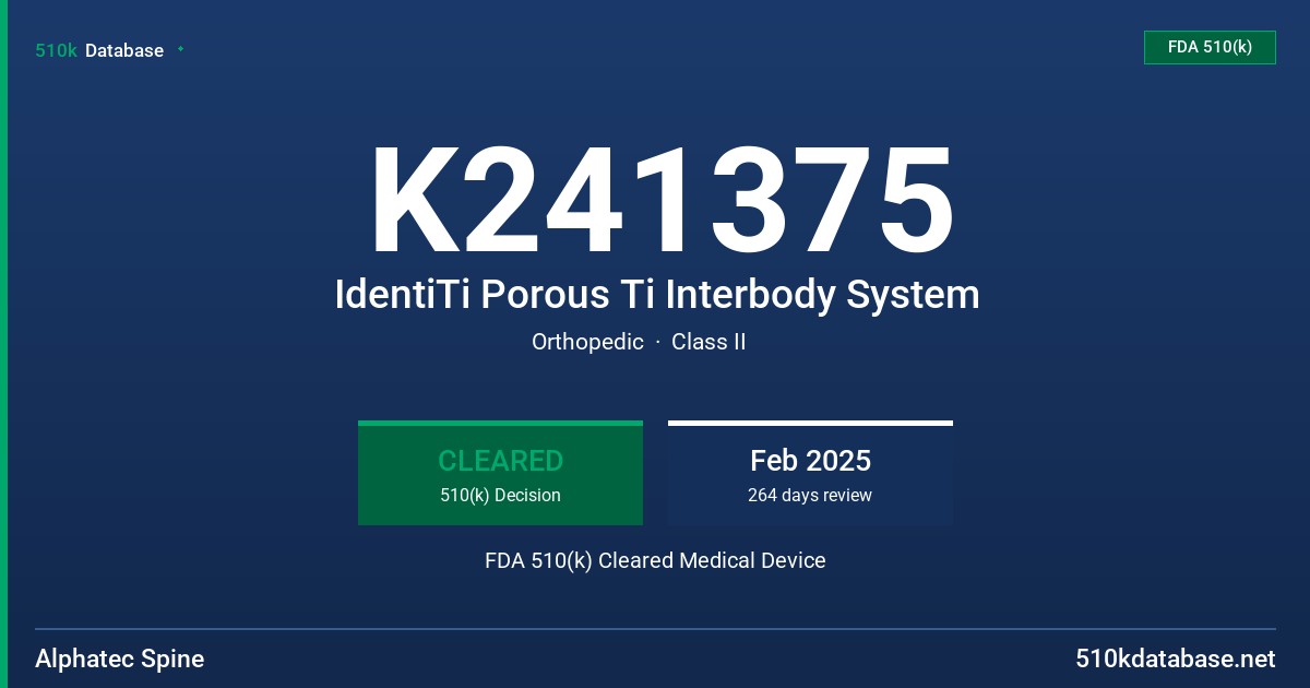 K241375 IdentiTi Porous Ti Interbody System FDA 510(k) Cleared Medical Device