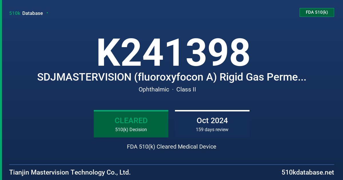 K241398 SDJMASTERVISION (fluoroxyfocon A) Rigid Gas Permeable Contact Lenses FDA 510(k) Cleared Medical Device
