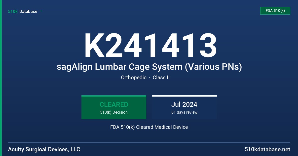 K241413 sagAlign Lumbar Cage System (Various PNs) FDA 510(k) Cleared Medical Device