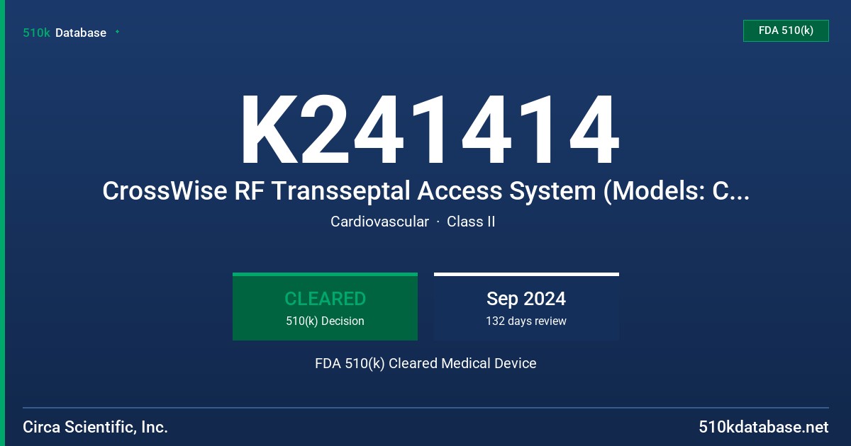 K241414 CrossWise RF Transseptal Access System (Models: CW-1085S, CW-1085A, CW-1012W,  CW-1012C) FDA 510(k) Cleared Medical Device