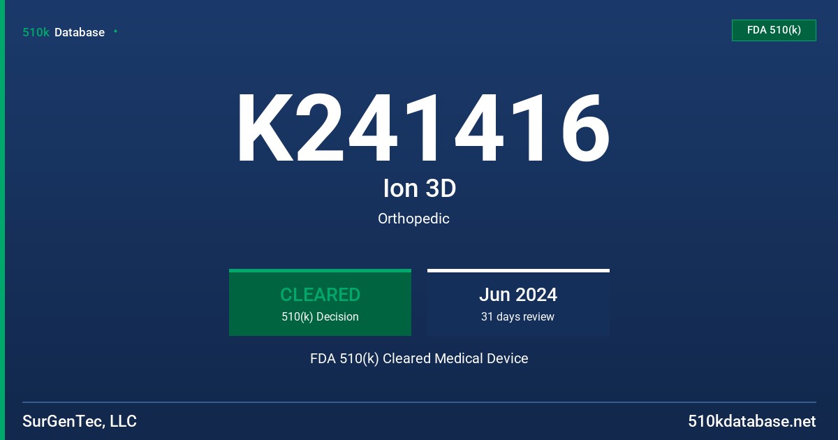 K241416 Ion 3D FDA 510(k) Cleared Medical Device