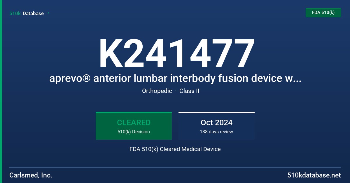 K241477 aprevo® anterior lumbar interbody fusion device with interfixation FDA 510(k) Cleared Medical Device