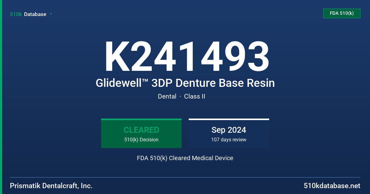 K241493 Glidewell™ 3DP Denture Base Resin FDA 510(k) Cleared Medical Device