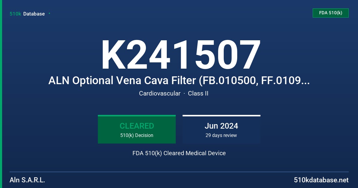 K241507 ALN Optional Vena Cava Filter (FB.010500, FF.010995, FJ.120096, FB.HOOK, FF.HOOK, FJ.HOOK) FDA 510(k) Cleared Medical Device