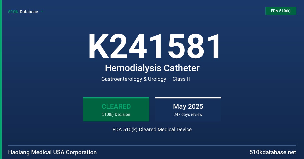 K241581 Hemodialysis Catheter FDA 510(k) Cleared Medical Device