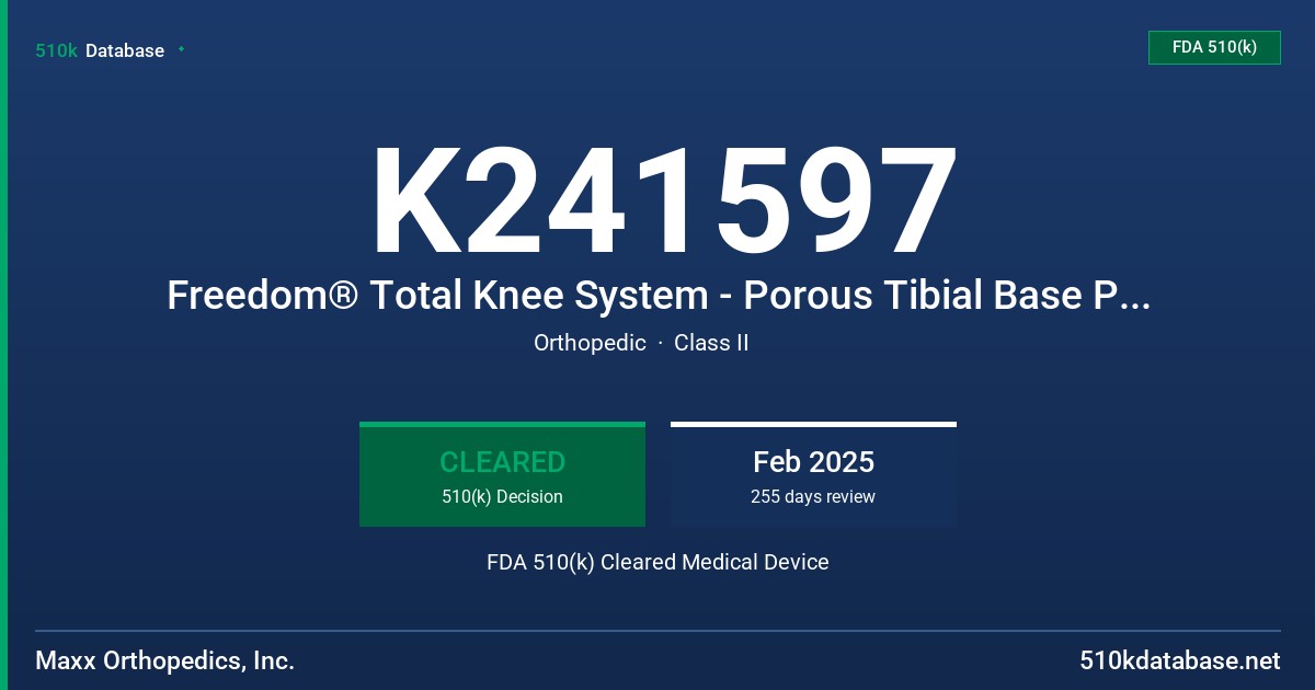 K241597 Freedom® Total Knee System - Porous Tibial Base Plate FDA 510(k) Cleared Medical Device