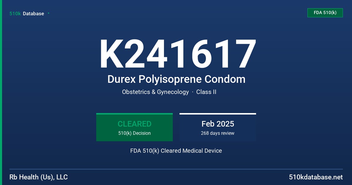 K241617 Durex Polyisoprene Condom FDA 510(k) Cleared Medical Device