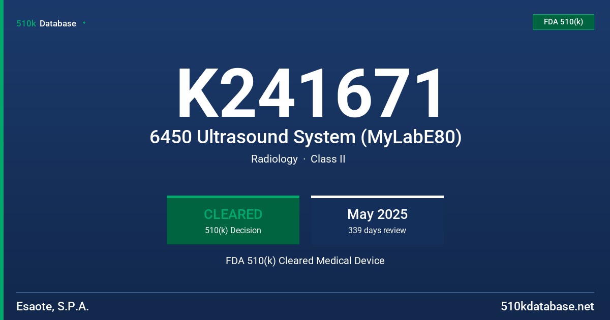 K241671 6450 Ultrasound System (MyLabE80) FDA 510(k) Cleared Medical Device