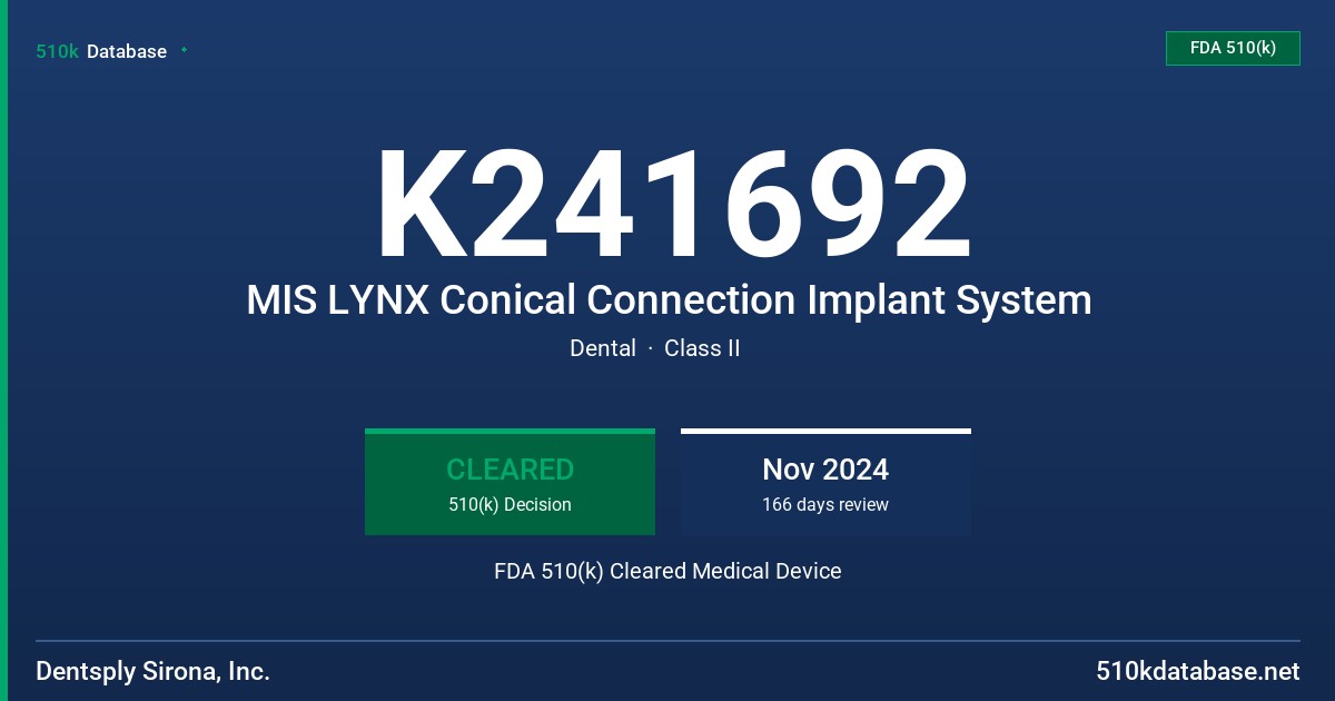 K241692 MIS LYNX Conical Connection Implant System FDA 510(k) Cleared Medical Device