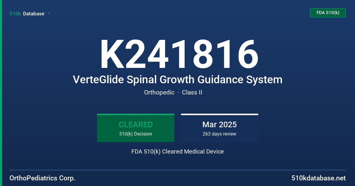 K241816 VerteGlide Spinal Growth Guidance System FDA 510(k) Cleared Medical Device