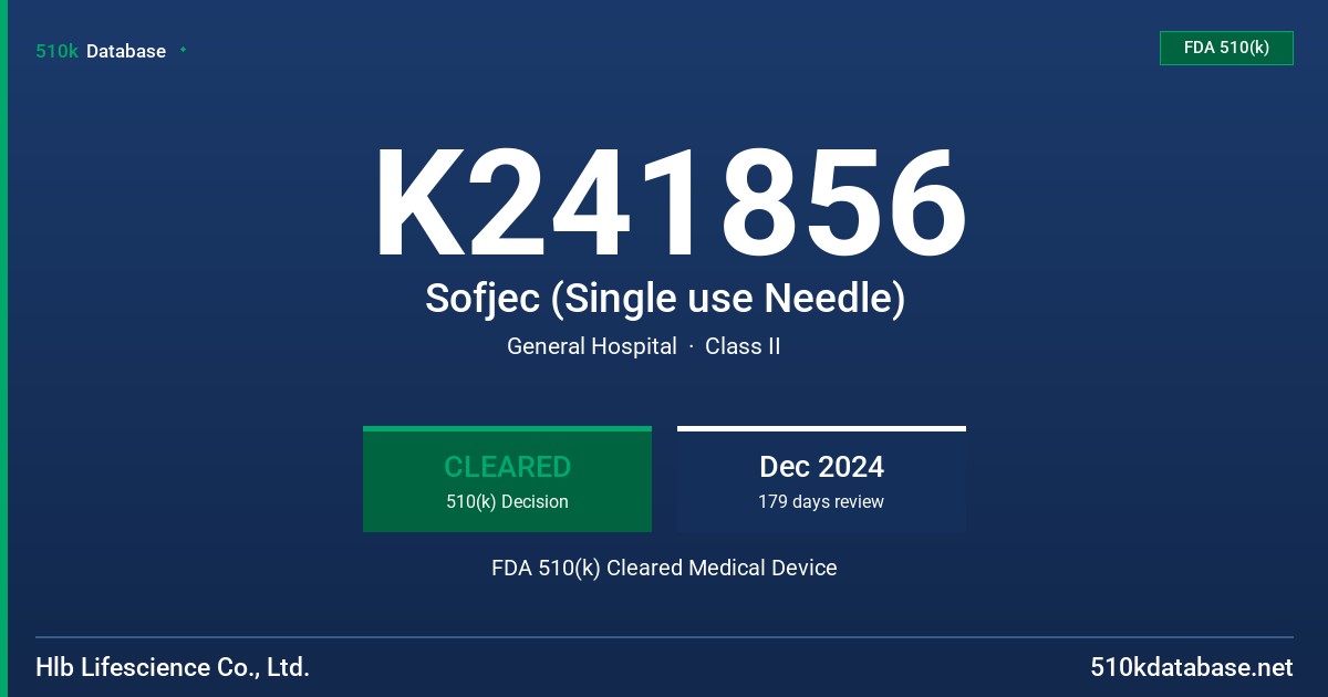 K241856 Sofjec (Single use Needle) FDA 510(k) Cleared Medical Device