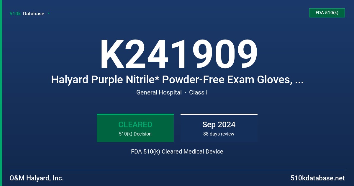 K241909 Halyard Purple Nitrile* Powder-Free Exam Gloves, Low Dermatitis Potential, Tested for Use with Chemotherapy Drugs, Fentanyl Citrate, Simulated Gastric Acid and Fentanyl in Simulated Gastric Acid FDA 510(k) Cleared Medical Device