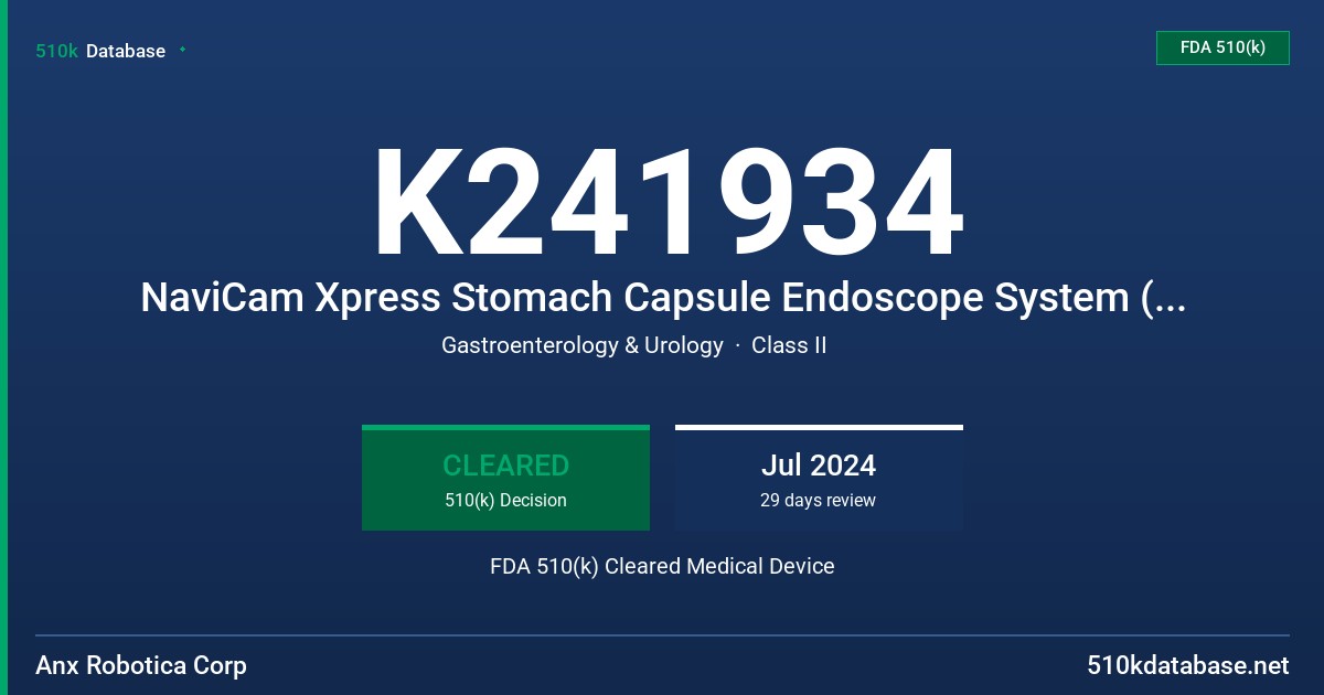 K241934 NaviCam Xpress Stomach Capsule Endoscope System (NaviCam Xpress Stomach System) with NaviCam Stomach Capsule/Tether (NaviCam Xpress Stomach System with NaviCam Capsule/Tether) FDA 510(k) Cleared Medical Device