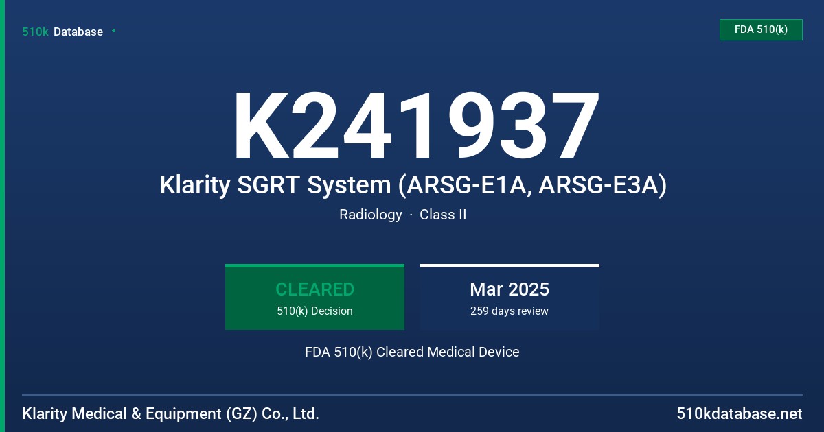K241937 Klarity SGRT System (ARSG-E1A, ARSG-E3A) FDA 510(k) Cleared Medical Device