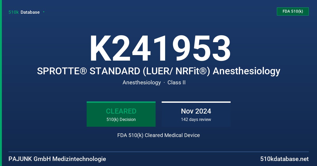 K241953 SPROTTE® STANDARD (LUER/ NRFit®) Anesthesiology FDA 510(k) Cleared Medical Device