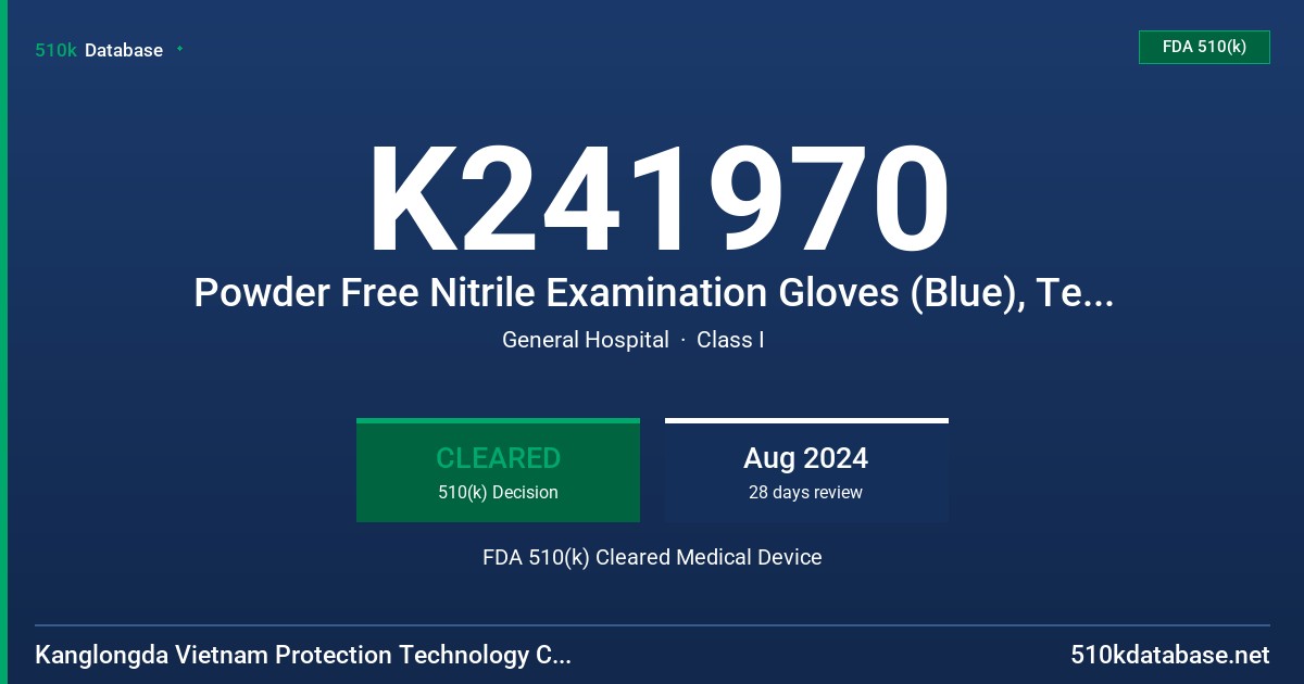 K241970 Powder Free Nitrile Examination Gloves (Blue), Tested for Use with Chemotherapy Drugs and Fentanyl Citrate (XS,S,M,L,XL,XXL) FDA 510(k) Cleared Medical Device