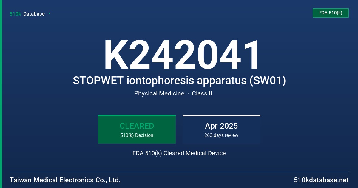 K242041 STOPWET iontophoresis apparatus (SW01) FDA 510(k) Cleared Medical Device
