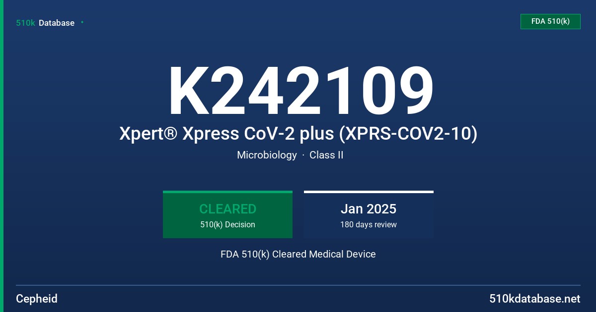 K242109 Xpert® Xpress CoV-2 plus (XPRS-COV2-10) FDA 510(k) Cleared Medical Device