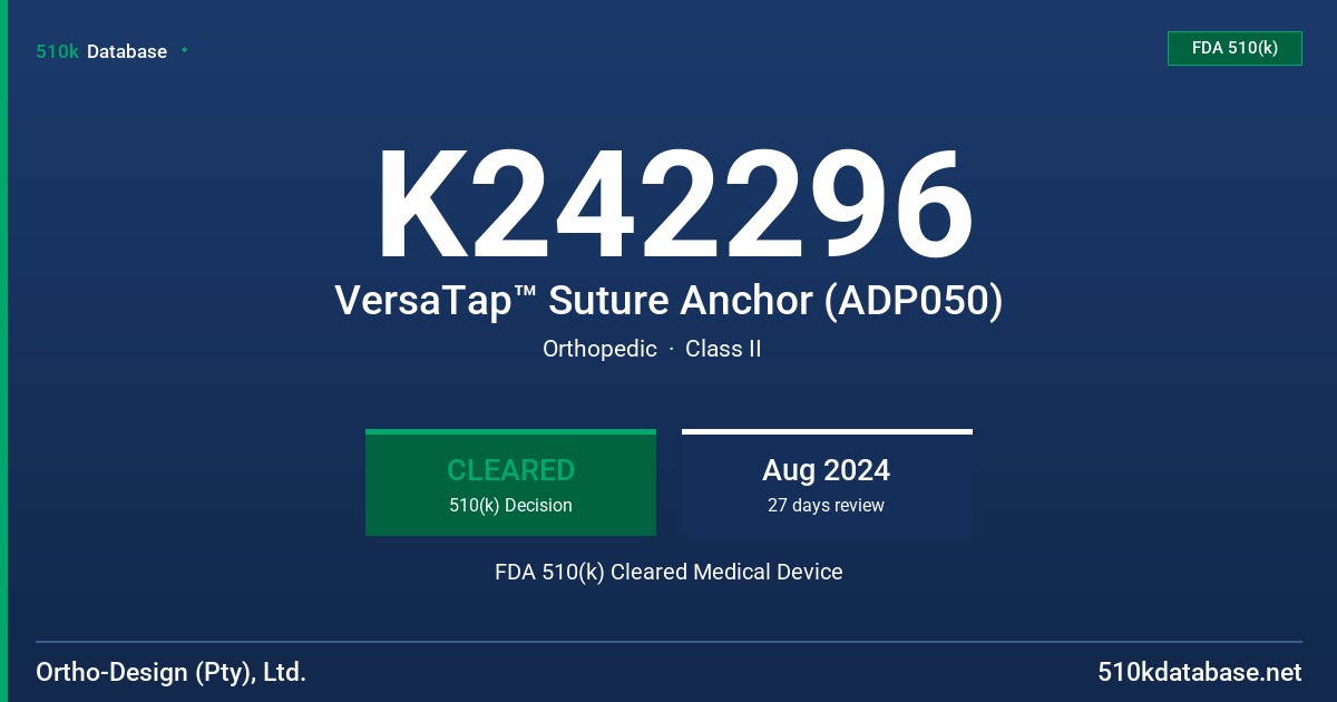 K242296 VersaTap™ Suture Anchor (ADP050) FDA 510(k) Cleared Medical Device