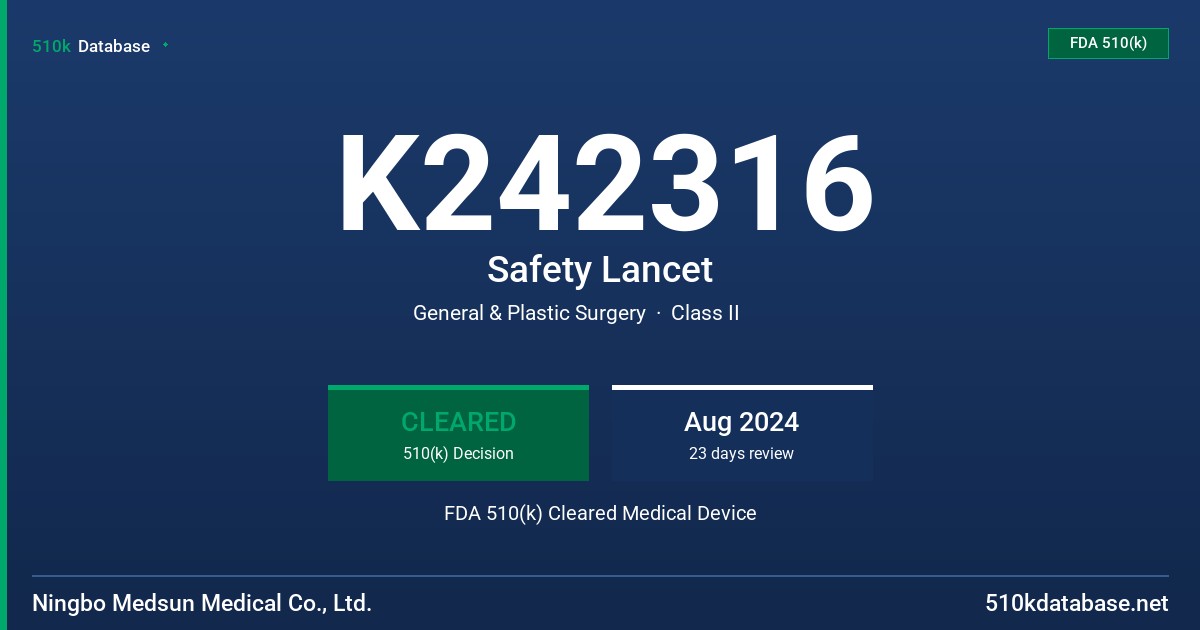 K242316 Safety Lancet FDA 510(k) Cleared Medical Device