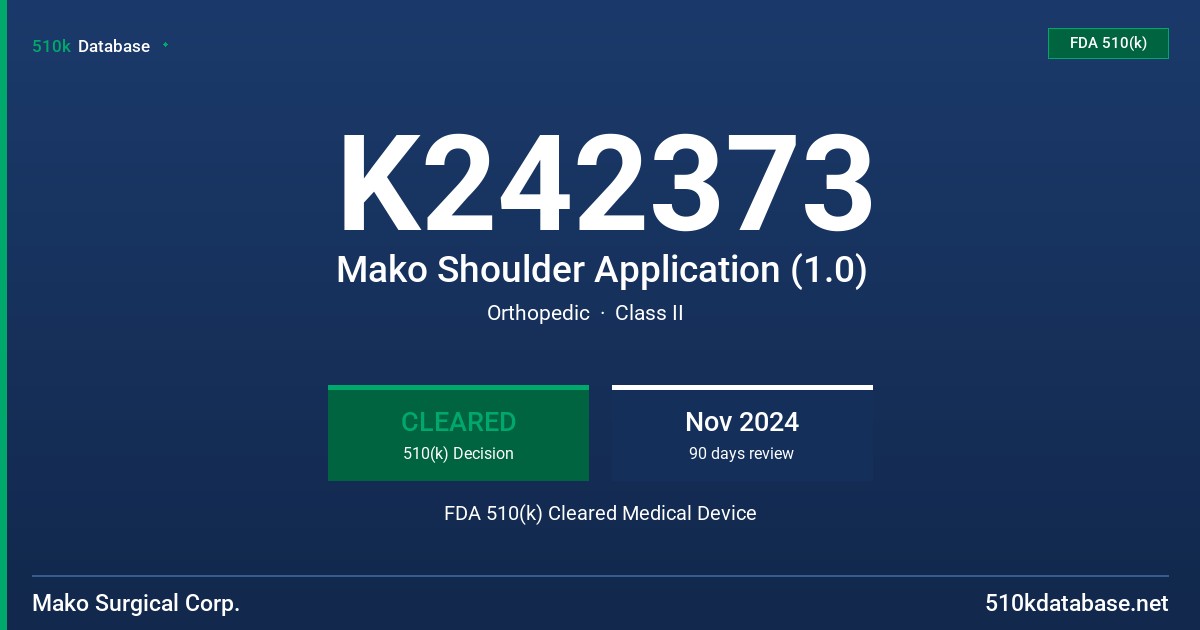 K242373 Mako Shoulder Application (1.0) FDA 510(k) Cleared Medical Device