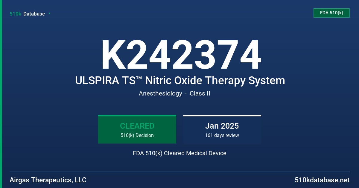 K242374 ULSPIRA TS™ Nitric Oxide Therapy System FDA 510(k) Cleared Medical Device