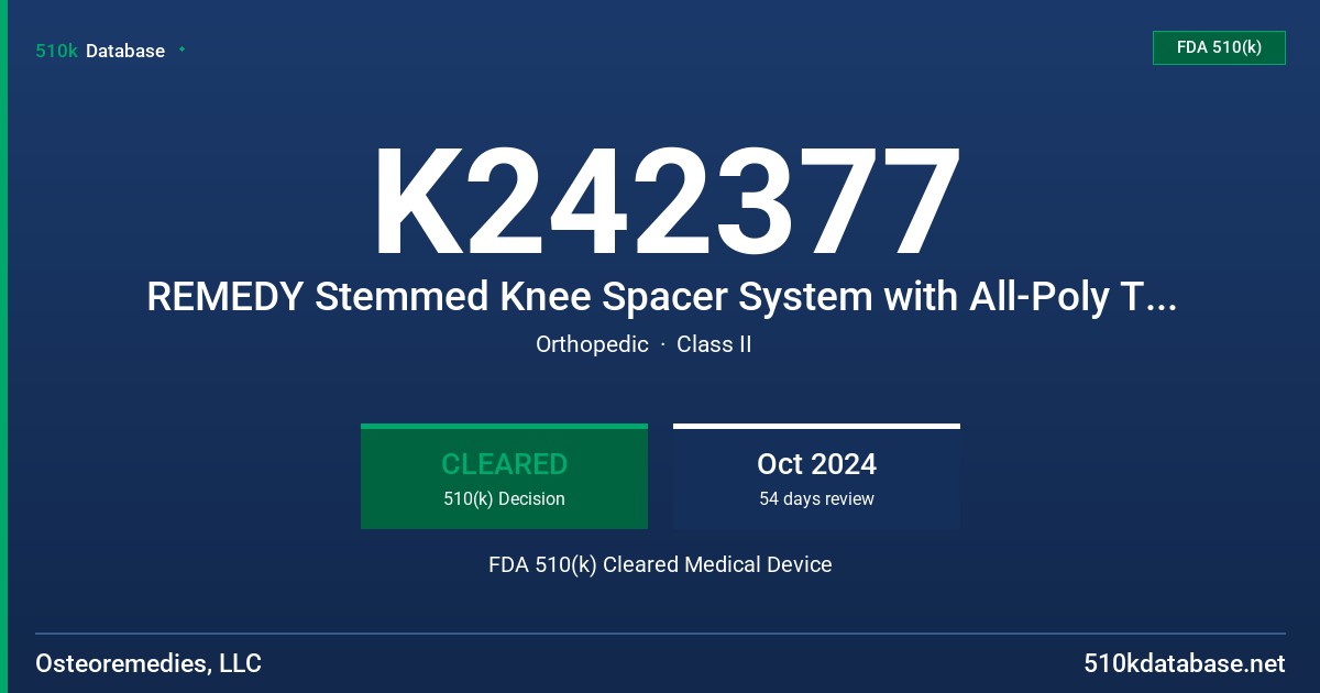 K242377 REMEDY Stemmed Knee Spacer System with All-Poly Tibial Component FDA 510(k) Cleared Medical Device