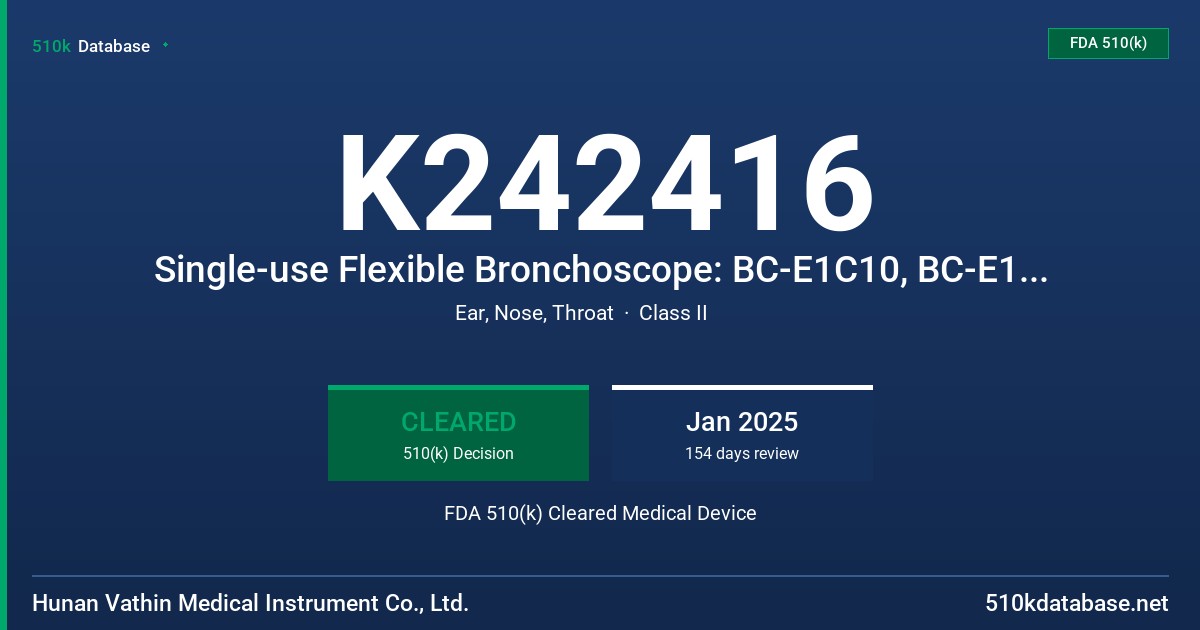 K242416 Single-use Flexible Bronchoscope: BC-E1C10, BC-E1C11, BC-E1C12, BC-E1E10, BC-E1E11, BC-E1E12, BC-E1H10, BC-E1H11, BC-E1H12 FDA 510(k) Cleared Medical Device
