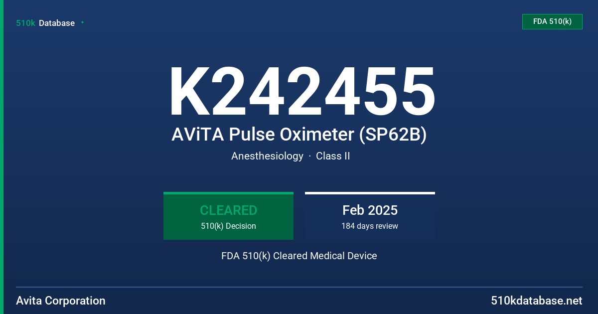 K242455 AViTA Pulse Oximeter (SP62B) FDA 510(k) Cleared Medical Device