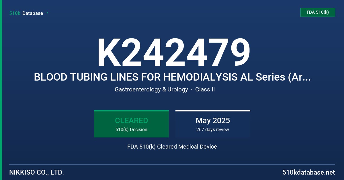 K242479 BLOOD TUBING LINES FOR HEMODIALYSIS AL Series (Archloop) BLOOD TUBING LINES FOR HEMODIALYSIS C18 Series AL-ADC-PU, AL-CDC-PU, C18RDC-PU, C18BDD-PU, C18SFD-PU FDA 510(k) Cleared Medical Device