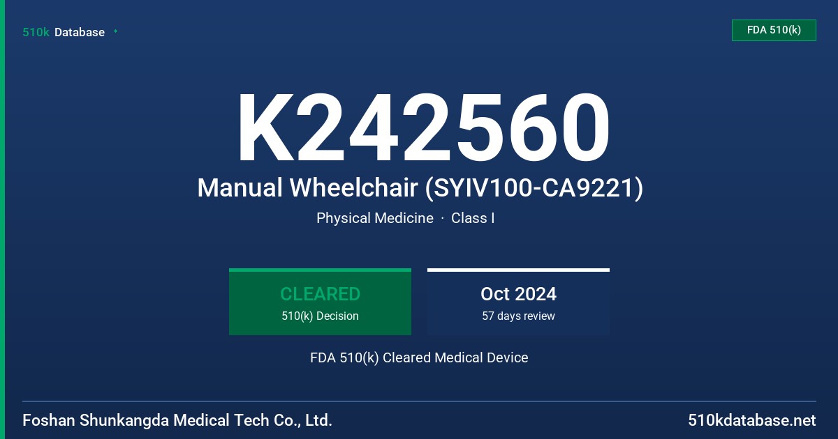 K242560 Manual Wheelchair (SYIV100-CA9221) FDA 510(k) Cleared Medical Device