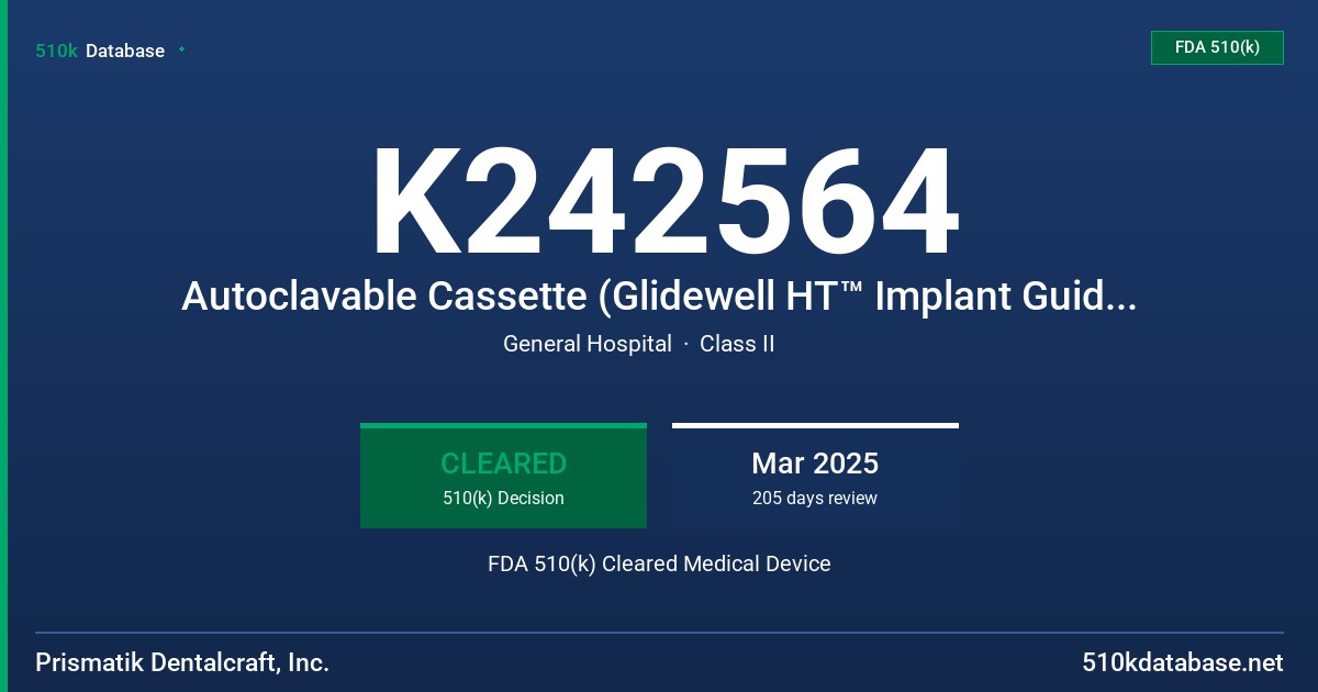 K242564 Autoclavable Cassette (Glidewell HT™ Implant Guided Surgical Kit, Glidewell HT™ Implant Surgical Kit, Glidewell™ Prosthetic Kit) FDA 510(k) Cleared Medical Device
